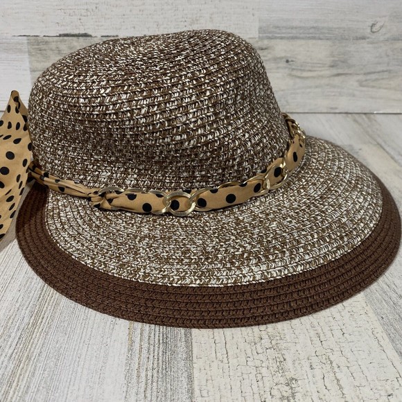 Women's Straw Sun Hat Women's OS Marbled Brown Tan Black Polka Dot Accent Scarf - Picture 2 of 6